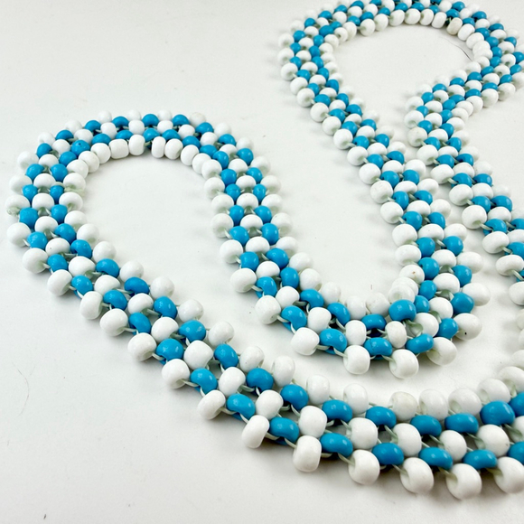 Native American Seed Bead Necklace, Turquoise and White Woven Beads, Vintage - Picture 2 of 5